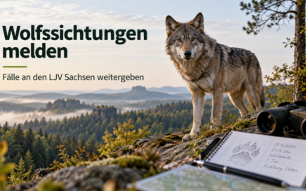 Wolf in sächsischer Waldlandschaft mit Fernglas und Notizbuch als Hinweisbild zum Melden von Wolfssichtungen.