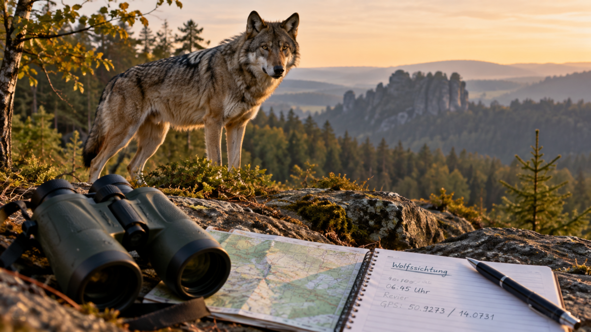 Wolf in sächsischer Waldlandschaft mit Fernglas und Notizbuch als Hinweisbild zum Melden von Wolfssichtungen.